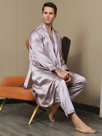 2Pcs Pure Silk Lapel Collar Belted Robe & Pants Set