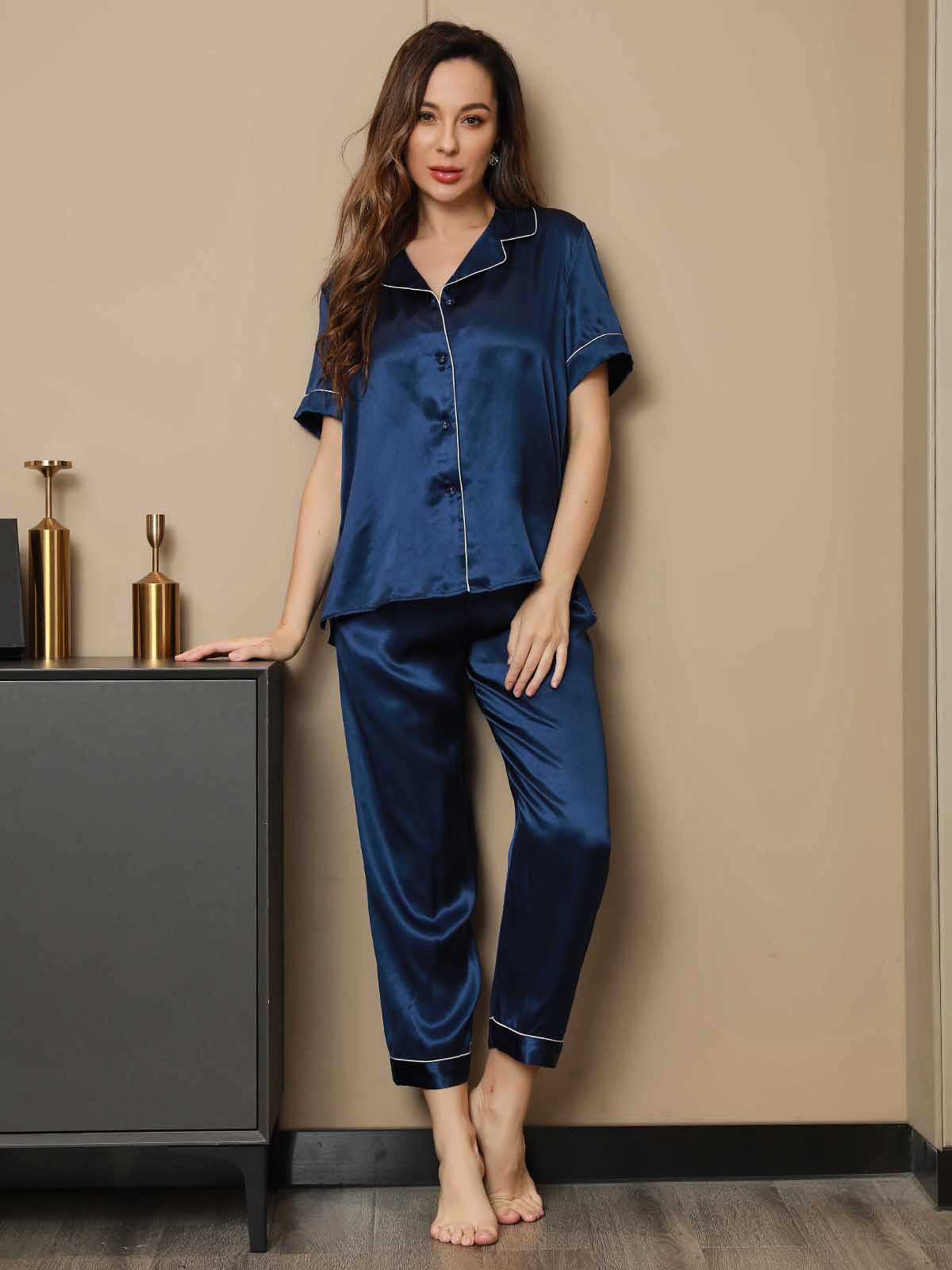 Piping Trim Pure Silk Pajamas Set