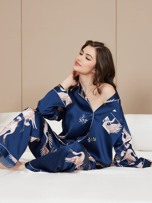 19Momme Pure Silk Printed Classic Binding Trim Womens Pajama set