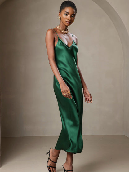 Pure Silk Solid Color Spaghetti Strap Long Dress