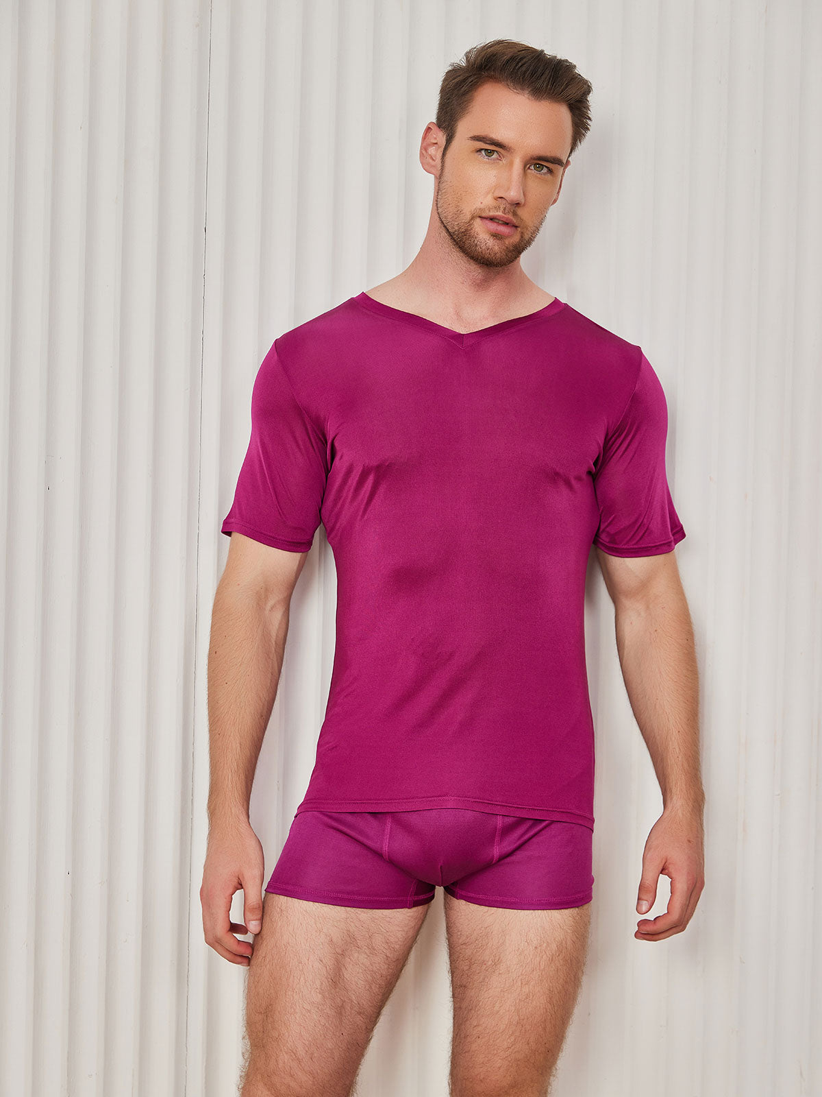 Mens Basic V-Neck Silk Knitted Tee