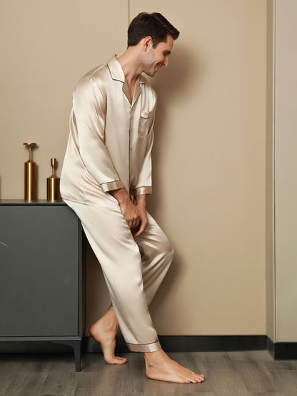 Pure Silk Men‘s Lapel Pajama Set 2Pcs