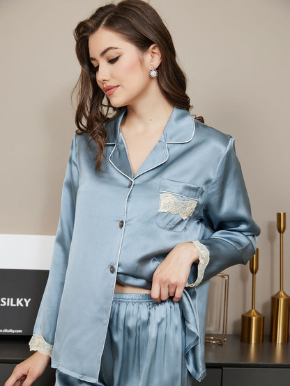 Pure Silk Casual Button Up Womens Pajamas 2Pcs