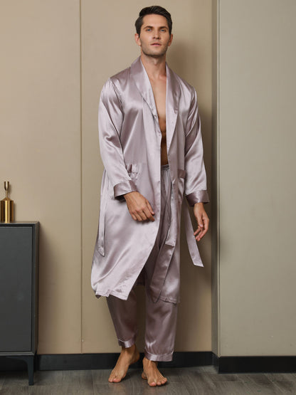 2Pcs Pure Silk Lapel Collar Belted Robe & Pants Set