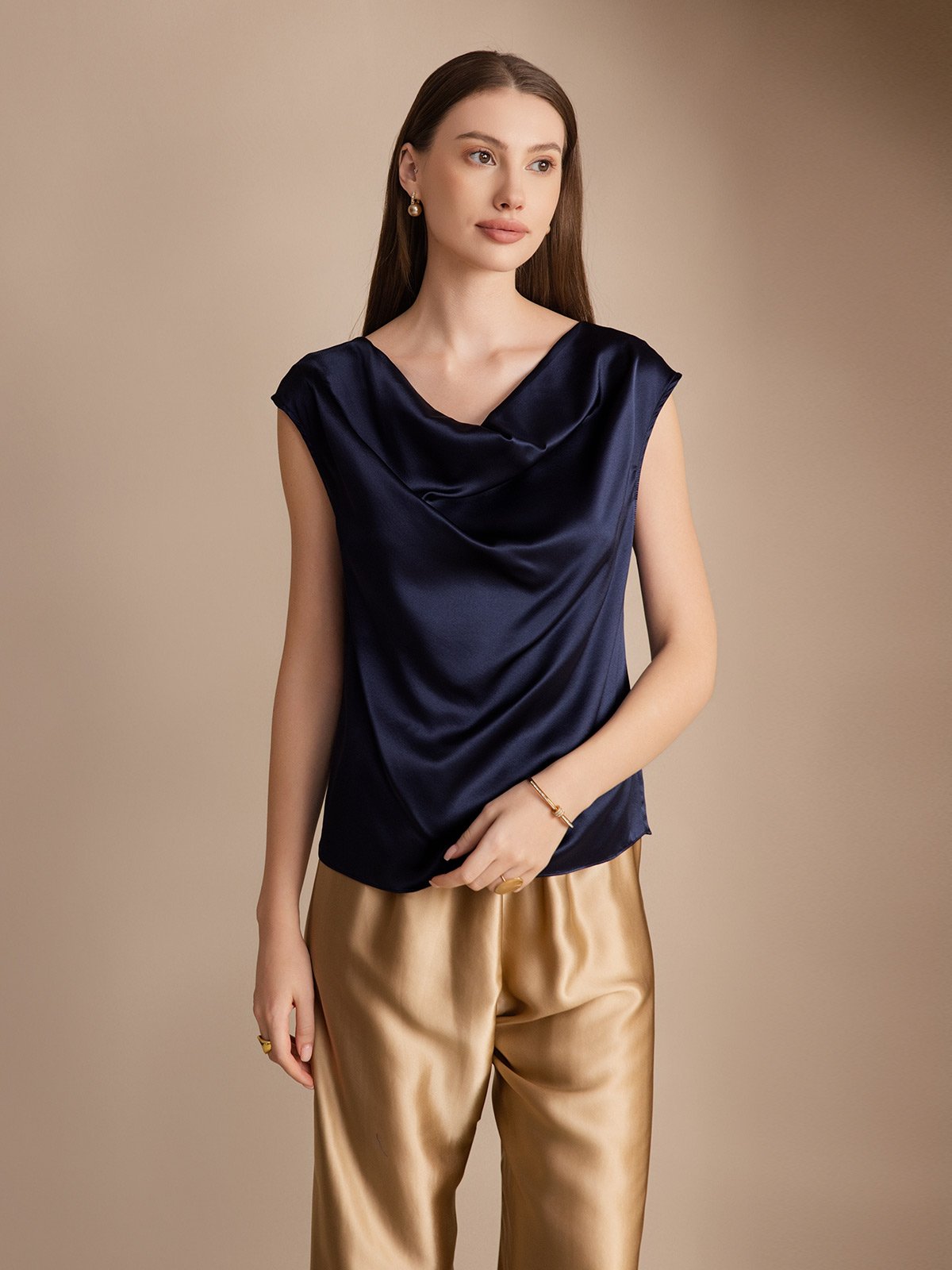 19Momme Silk Cowl Neck Sleeveless Top