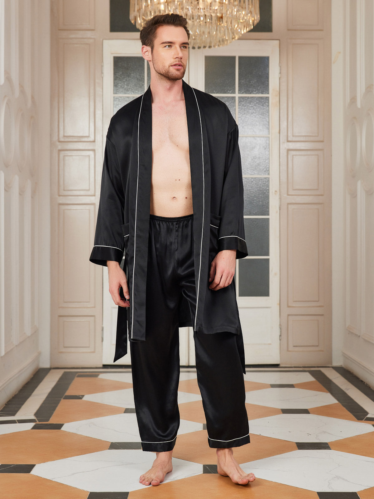 2Pcs Pure Silk Belted Robe & Pants Set