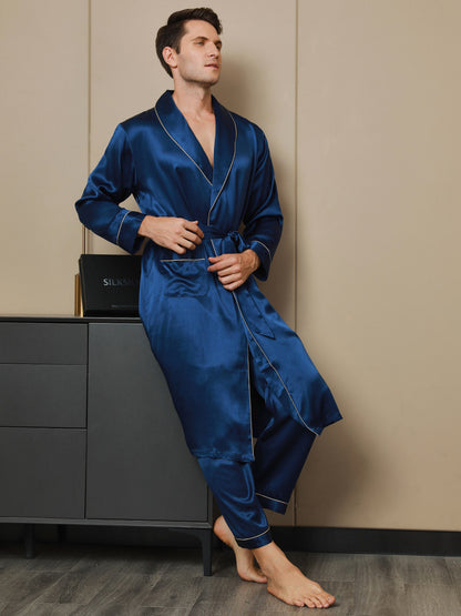 2Pcs Pure Silk Lapel Collar Belted Robe & Pants Set