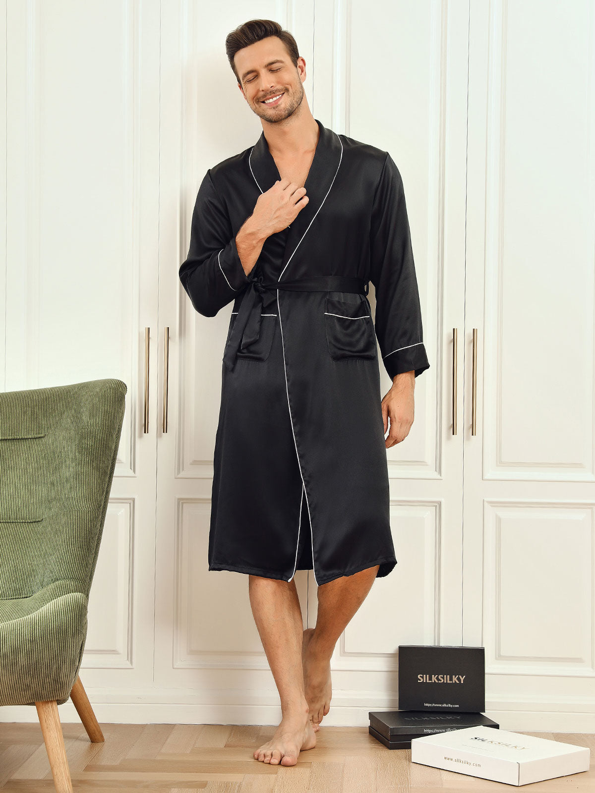 Pure Silk Piping Trim Belted Mens Robe