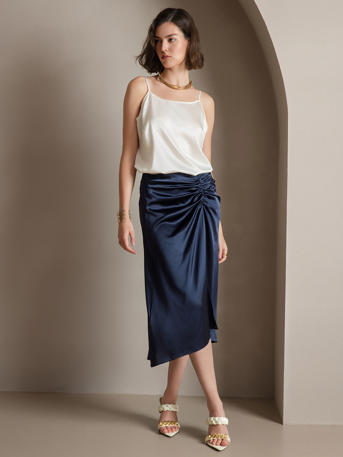 19Momme Silk Sexy Pleated High Slit Skirt