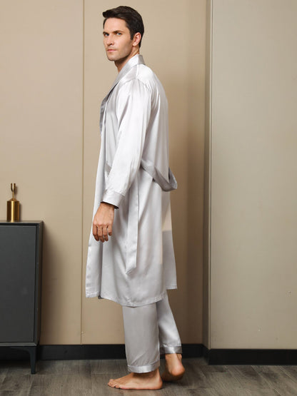 2Pcs Pure Silk Lapel Collar Belted Robe & Pants Set