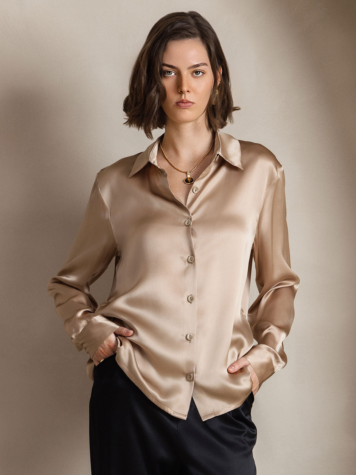 19Momme Silk Solid Color Basic Military Lapel Shirt