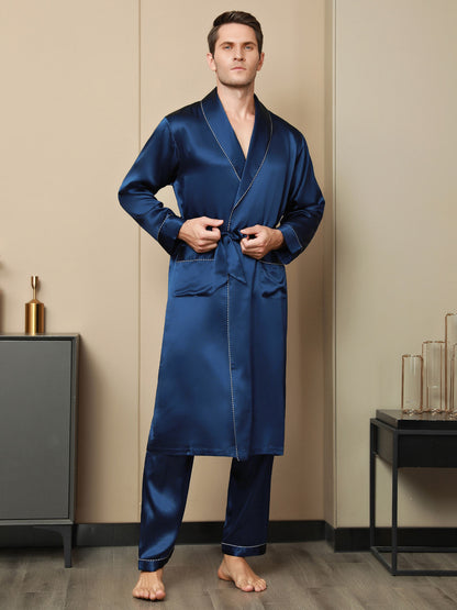 Pure Silk Contrast Piping Belted Robe (Without Pants)