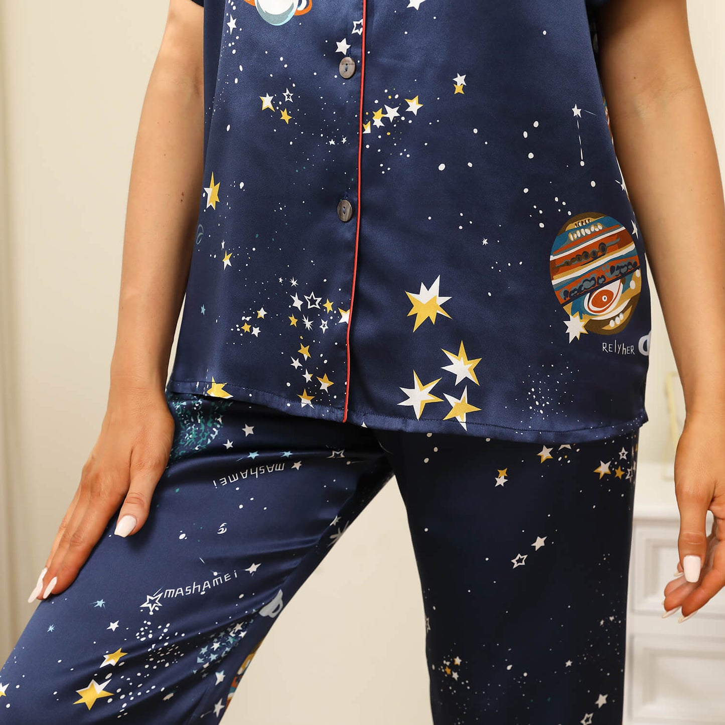 affordable printed silk pajamas Mulberry galaxy women's silk pajama Set