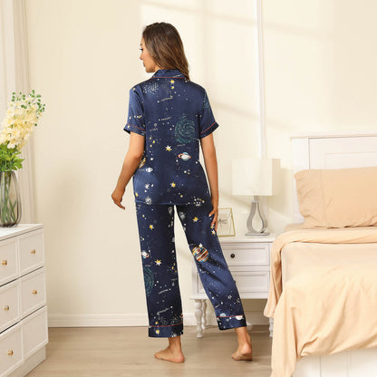 affordable printed silk pajamas Mulberry galaxy women's silk pajama Set