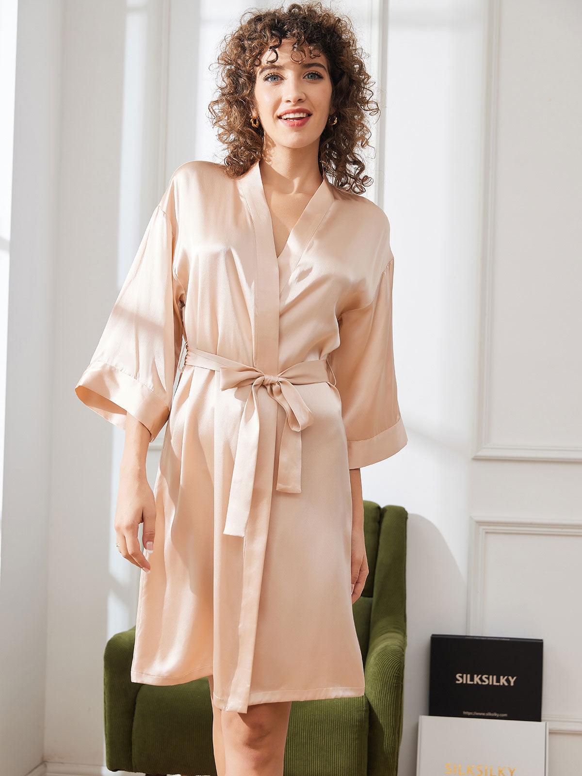 Pure Silk Belted Wrap Womens Night Robe