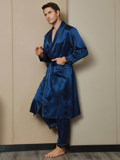 2Pcs Pure Silk Lapel Collar Belted Robe & Pants Set