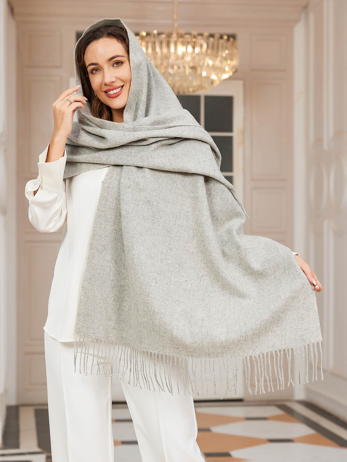 Pure Wool Scarf Shawl w/ Fringed Decoration 200x70cm/79