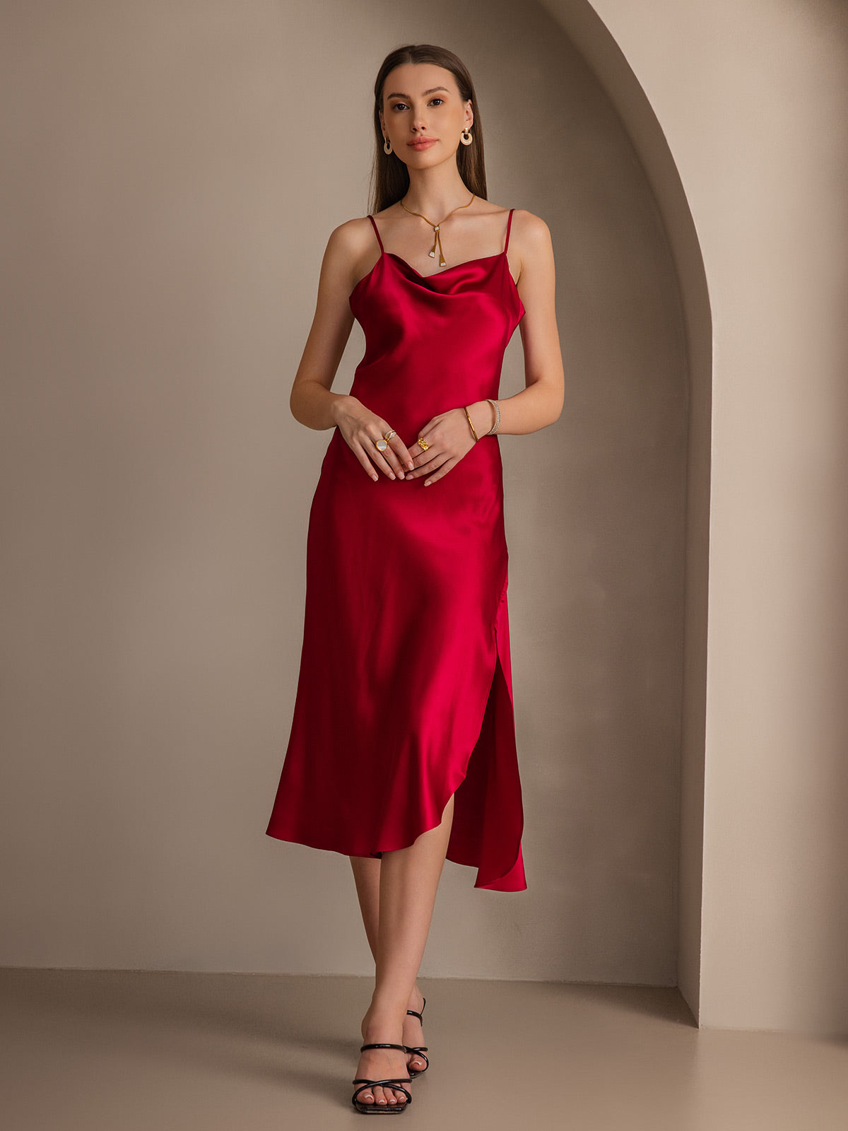 Pure Silk Spaghetti Strap Slit Long Dress