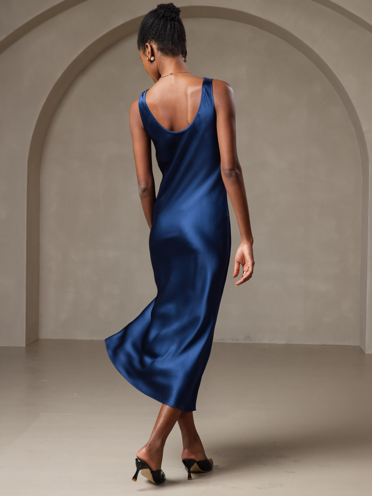 Pure Silk Solid Color Wide Strap Sleeveless Long Dress