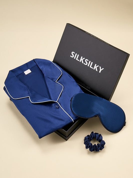 Gift Set - Silk Short Sleeve Pajama Set & Eye Mask & Scrunchie