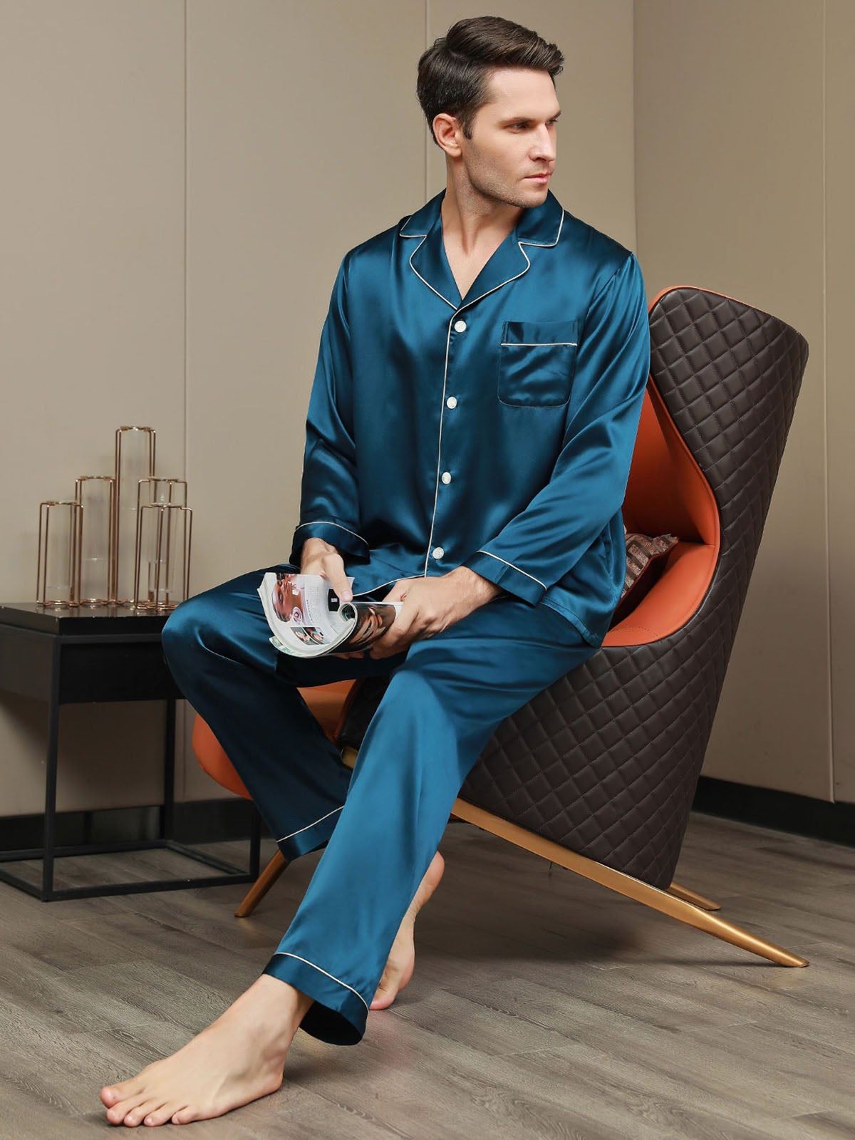 Silk Men's Lapel Long Sleeve Pajamas Set