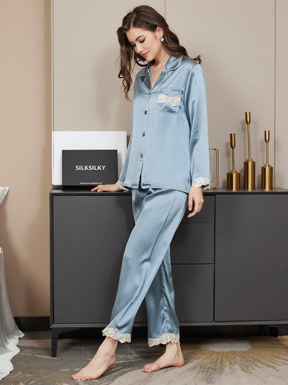 Pure Silk Casual Button Up Womens Pajamas 2Pcs