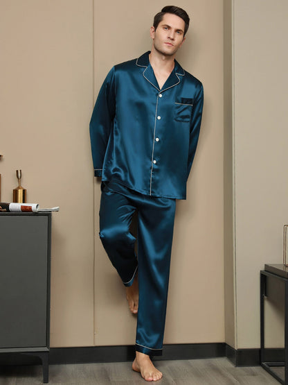 Silk Men's Lapel Long Sleeve Pajamas Set