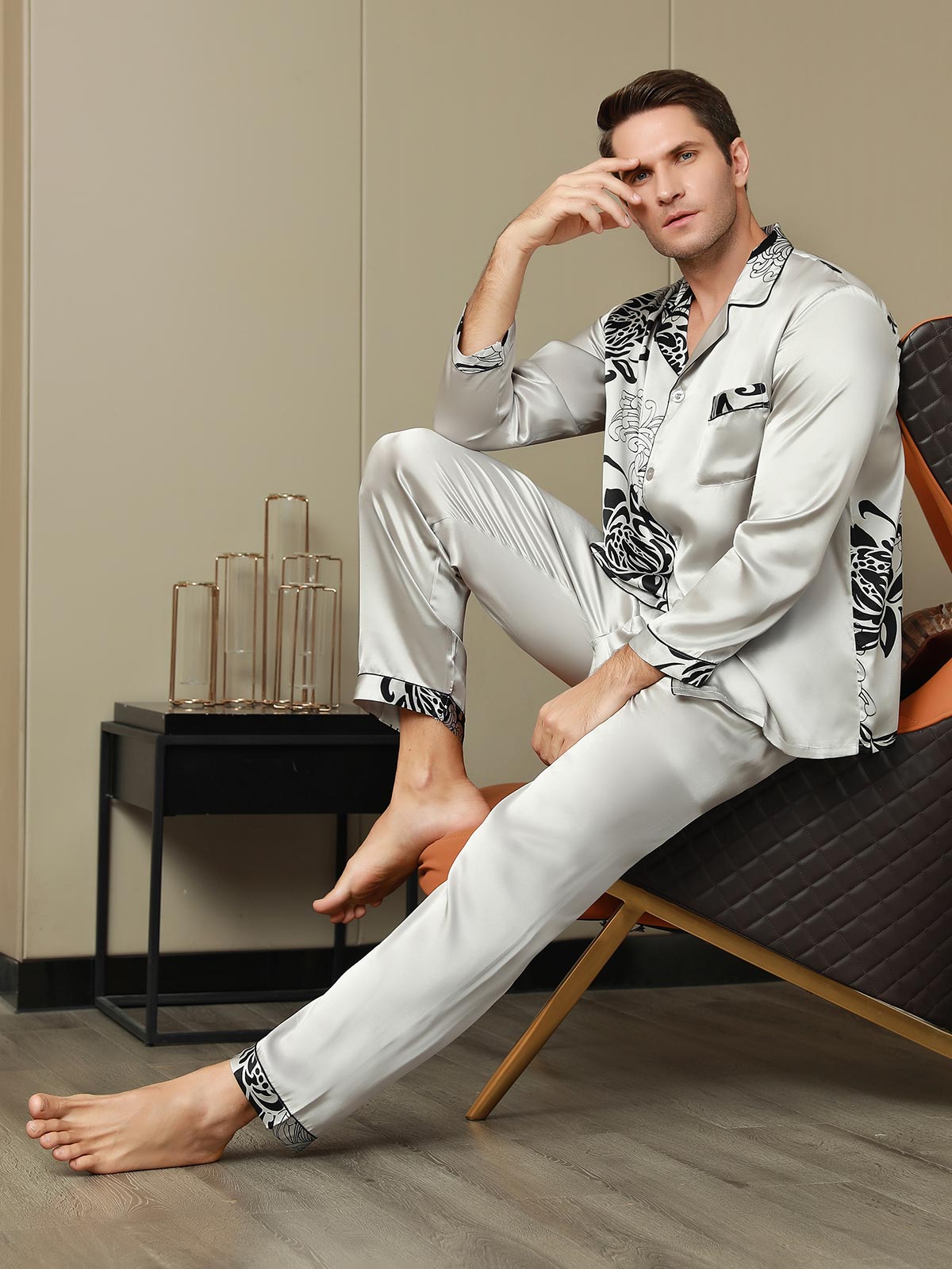 Pure Silk Men‘s Floral Printed Lapel Pajama Set