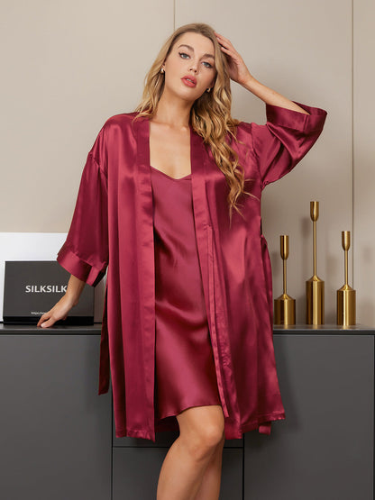 Pure Silk Classic Spaghetti Strap Slip Nightgown&Robe Set 2Pcs