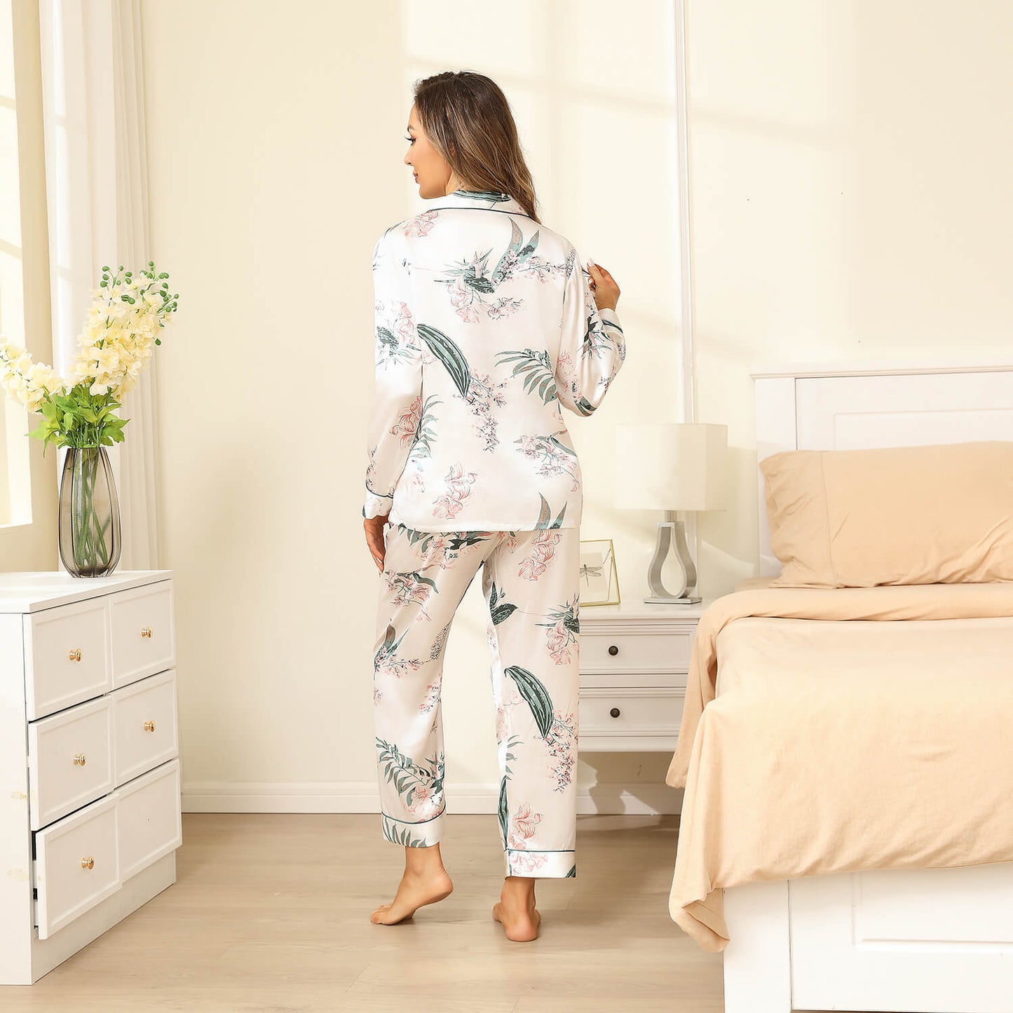 Silk Pajama Set For Women Long Flower print mulberry silk pyjamas