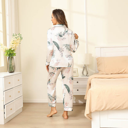 Silk Pajama Set For Women Long Flower print mulberry silk pyjamas