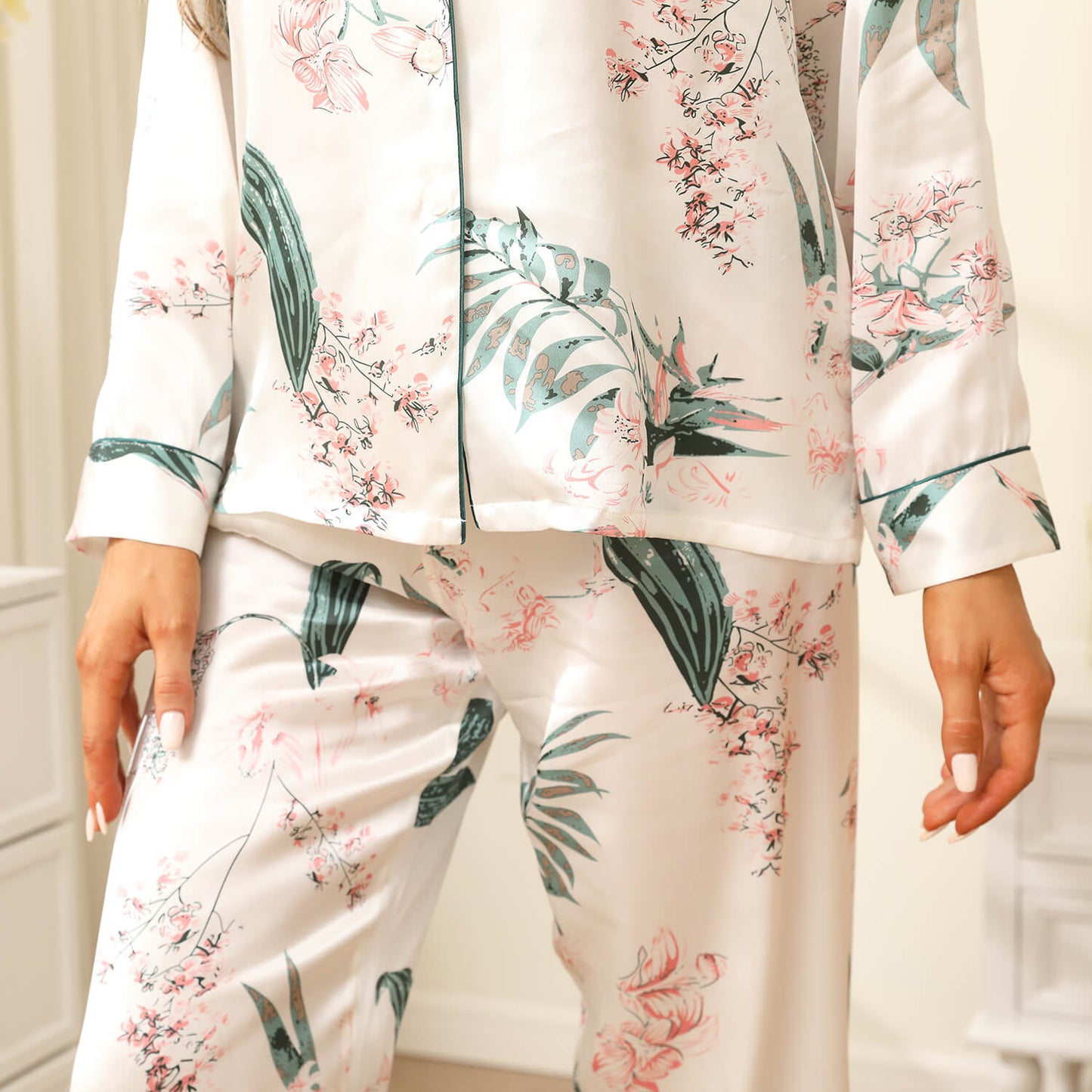 Silk Pajama Set For Women Long Flower print mulberry silk pyjamas