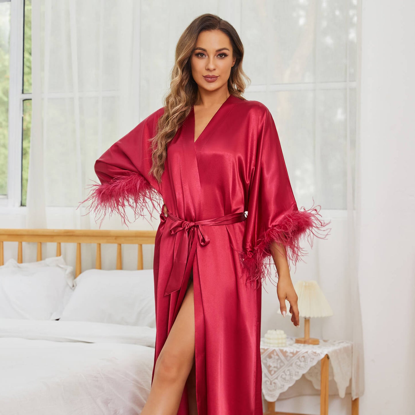 Bridal pure Silk Kimono Robes with Ostrich Feather Mulberry  Silk Robe