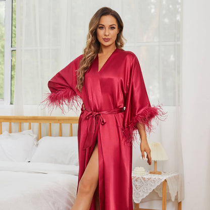 Bridal pure Silk Kimono Robes with Ostrich Feather Mulberry  Silk Robe