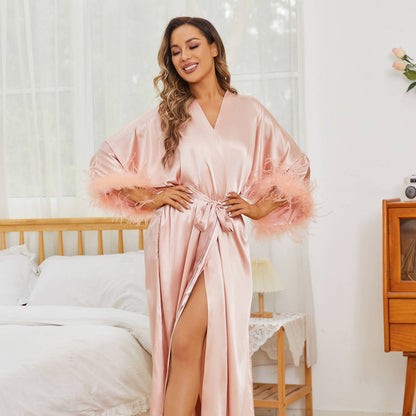 Bridal pure Silk Kimono Robes with Ostrich Feather Mulberry  Silk Robe