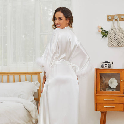 Bridal pure Silk Kimono Robes with Ostrich Feather Mulberry  Silk Robe