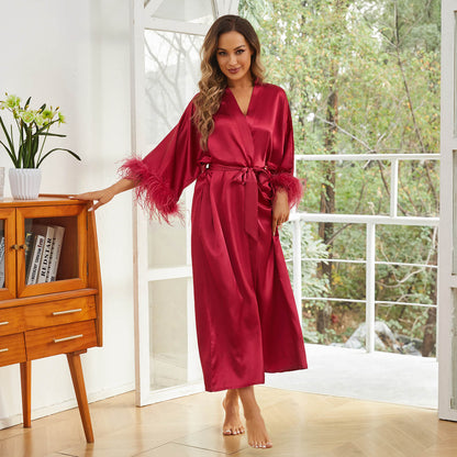 Bridal pure Silk Kimono Robes with Ostrich Feather Mulberry  Silk Robe