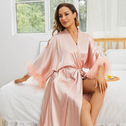 Bridal pure Silk Kimono Robes with Ostrich Feather Mulberry  Silk Robe