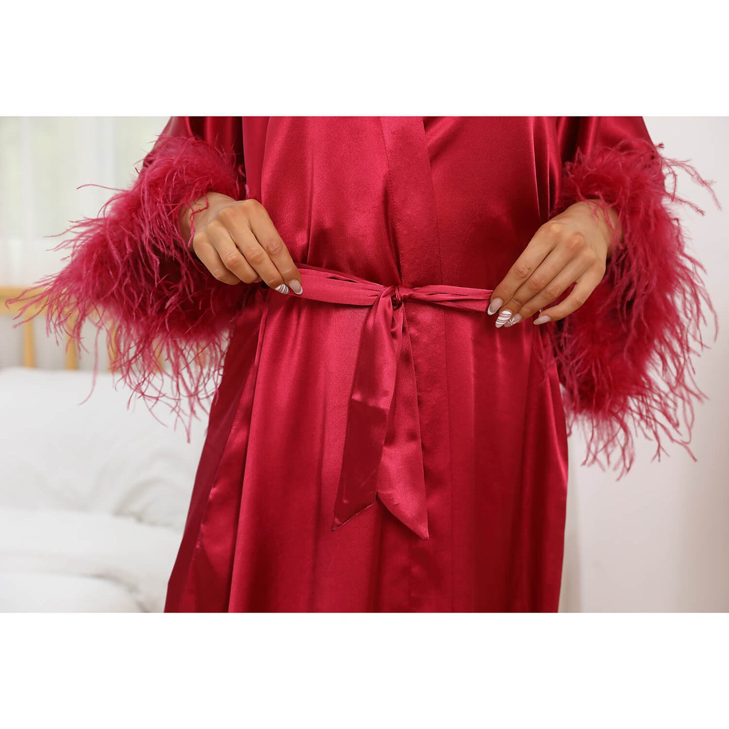 Bridal pure Silk Kimono Robes with Ostrich Feather Mulberry  Silk Robe