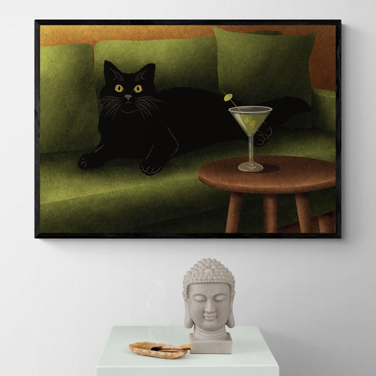 Black Cat on Sofa Art Print