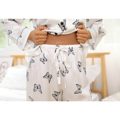 Butterfly Printed silk pajamas set for Women Long silk sleepwear set