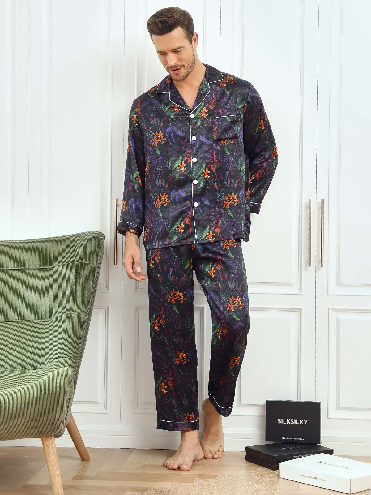 Pure Silk Floral Printed Lapel Men‘s Pajamas