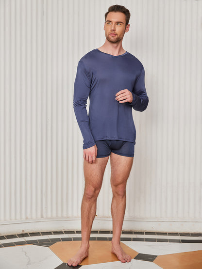 Mens V-Neck Long Sleeve Silk Knitted Tee