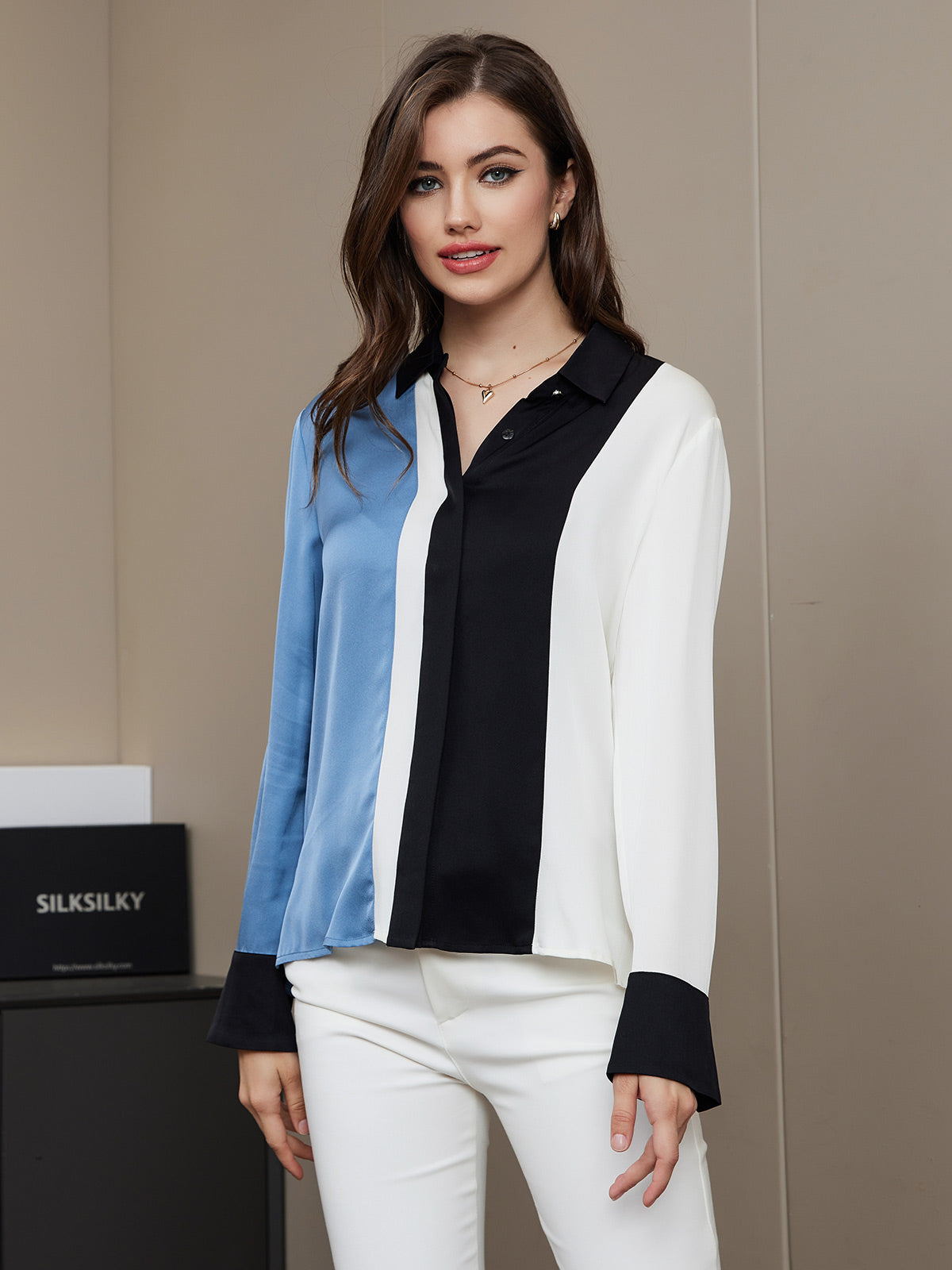 Silk Color Block Concealed Placket Shirt