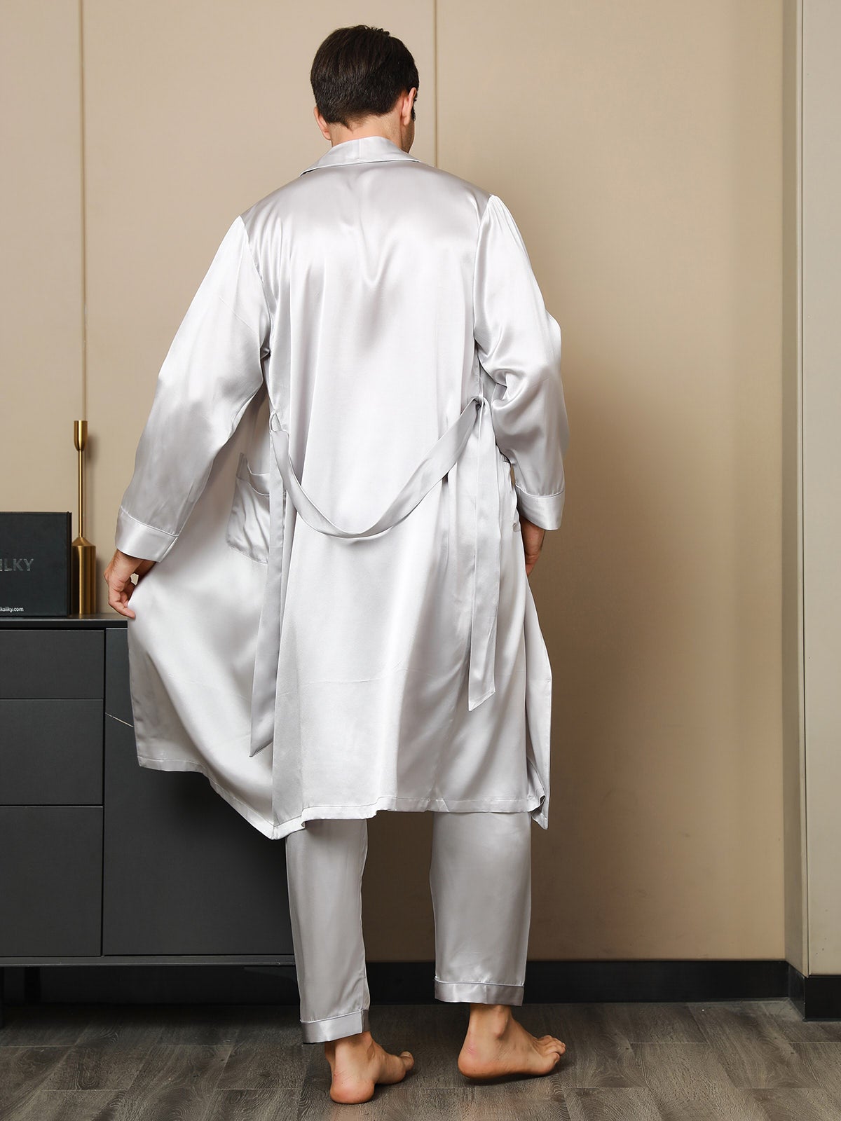 2Pcs Pure Silk Lapel Collar Belted Robe & Pants Set