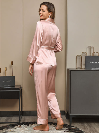 19Momme Contrast Trim Belted Lapel Silk Pajama Set