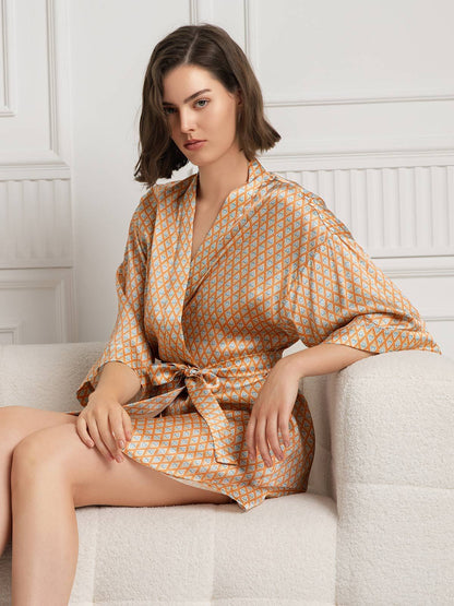 Pure Silk Printed 3/4 Sleeve Women's Robe (With belt)