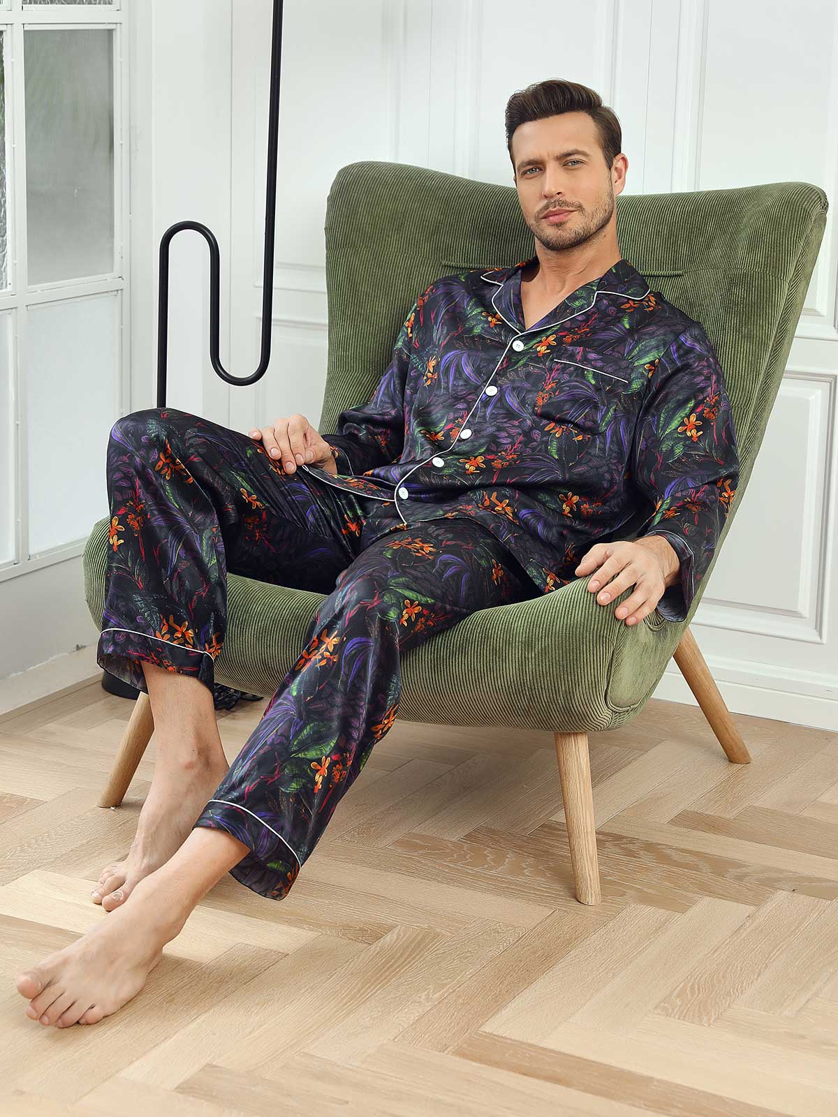 Pure Silk Floral Printed Lapel Men‘s Pajamas