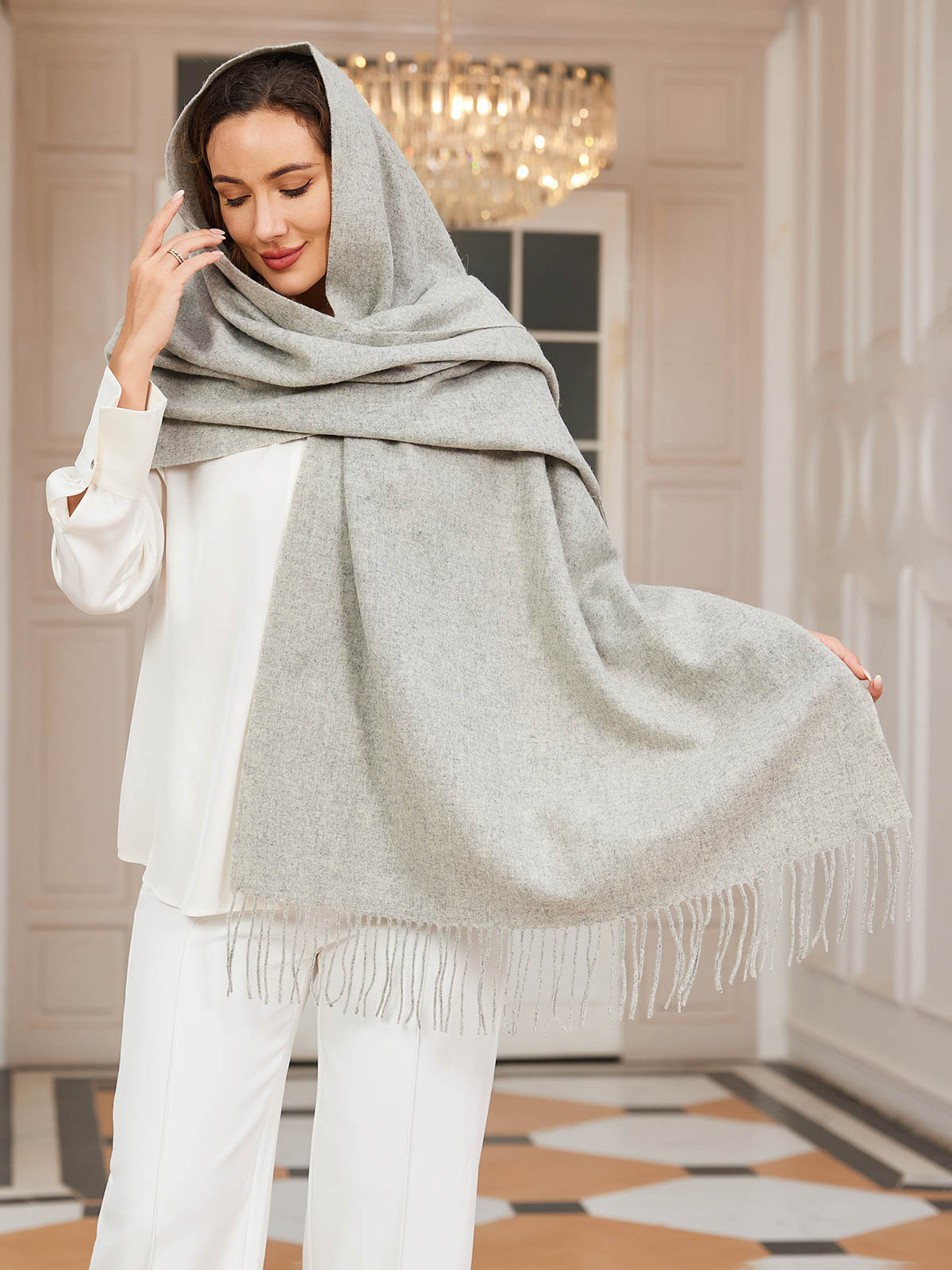 Pure Wool Scarf Shawl w/ Fringed Decoration 200x70cm/79