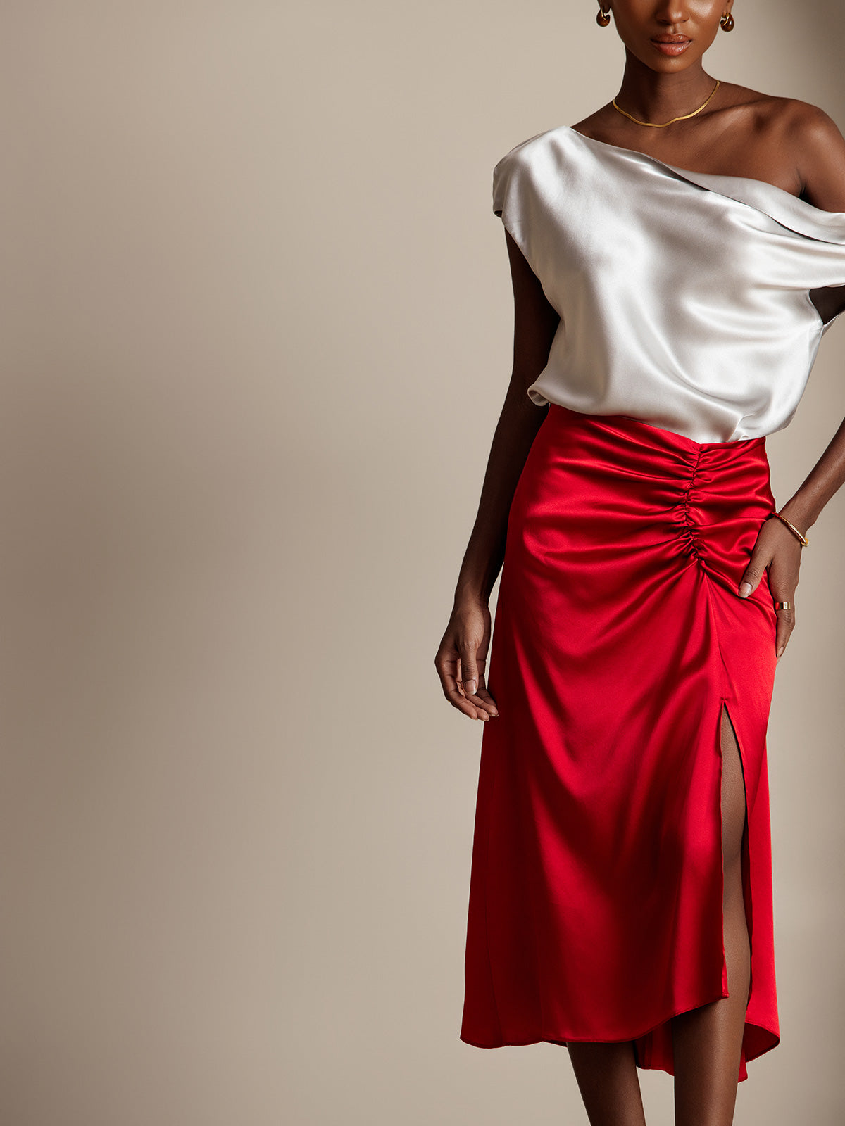 19Momme Silk Sexy Pleated High Slit Skirt